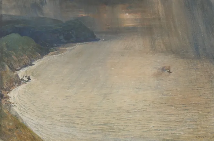 Framed Print : THE WEST WIND, LYNMOUTH, by Sir Edward John Poynter, 1866, British watercolor painting. Small boat steams on the Bristol Channel as a rain storm approaches