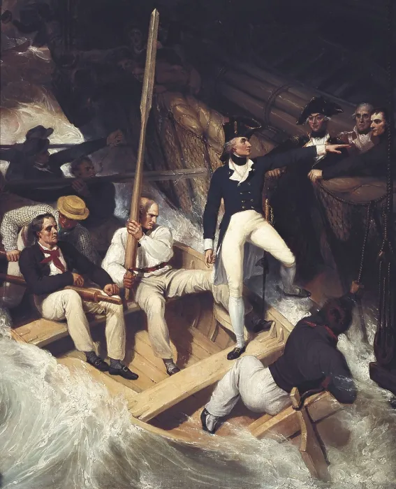 Framed Print : WESTALL, Richard (1765-1836). Nelson Boarding a Captured Ship, 20 November 1777. Oil on canvas. UNITED KINGDOM. ENGLAND. Greenwich. National Maritime Museum