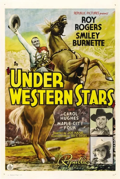 Framed Print : UNDER WESTERN STARS, left: Roy Rogers, right from top: Smiley Burnette, Carol Hughes, 1938