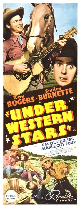 Framed Print : UNDER WESTERN STARS, top from left: Roy Rogers, Smiley Burnette, bottom from left: Roy Rogers, Carol Hughes, far right: Roy Rogers, 1938