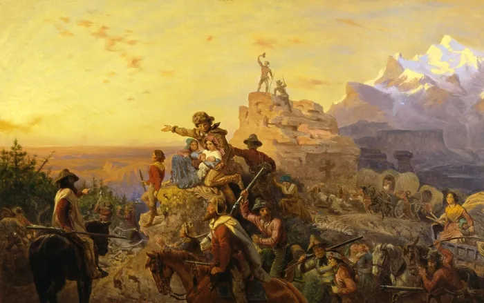 Framed Print : WESTWARD THE COURSE OF EMPIRE TAKES ITS WAY, 1861 by Emanuel Leutze. This is a preparatory painting for the larger mural commissioned for the renovated US Capitol