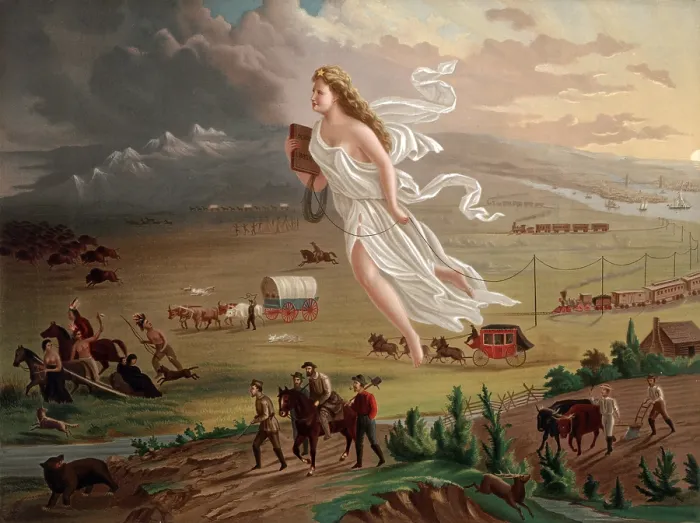 Framed Print : Westward ho! Allegorical female figure of Columbia leading pioneers and railroads westward while stringing telegraph wire across the plains