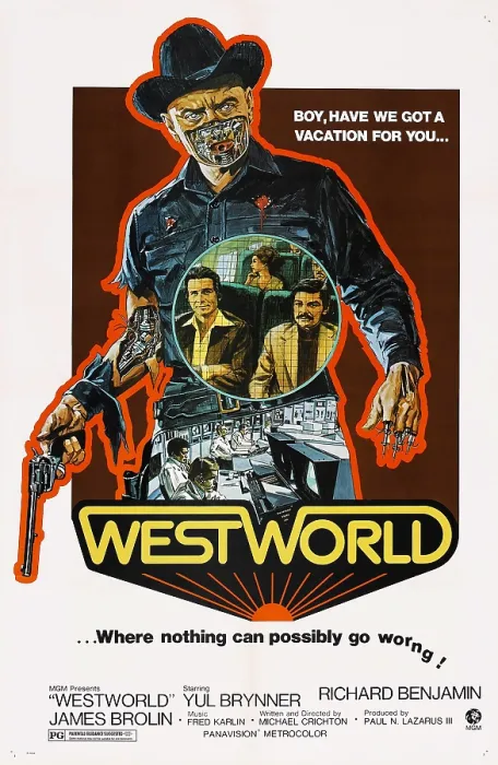 Framed Print : WESTWORLD, Yul Brynner (gun), seated front from left: James Brolin, Richard Benjamin, 1973 Framed Print : WESTWORLD, Yul Brynner (gun), seated front from left: James Brolin, Richard Benjamin, 1973