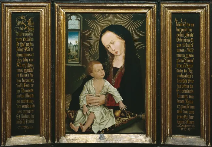 Framed Print : WEYDEN, Rogier van der (1400-1464). Salve Regina. 15th c. Triptych. Representation of the Virgin and child holding a pear. Flemish art. Oil on wood. BELGIUM. Tournai Framed Print : WEYDEN, Rogier van der (1400-1464). Salve Regina. 15th c. Triptych. Representation of the Virgin and child holding a pear. Flemish art. Oil on wood. BELGIUM. Tournai