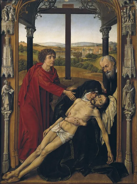 Framed Print : WEYDEN, Rogier van der (1400-1464). Altarpiece of the Virgin. 15th c. SPAIN. Granada. Royal Chapel. Board depicting a scene of the Descent from the Cross. Flemish art Framed Print : WEYDEN, Rogier van der (1400-1464). Altarpiece of the Virgin. 15th c. SPAIN. Granada. Royal Chapel. Board depicting a scene of the Descent from the Cross. Flemish art