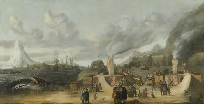 Framed Print : Whale-oil Refinery near Village of Smerenburg, by Cornelis de Man, 1639, Dutch painting. Painting of Dutch whaling settlement on Spitsbergen Island