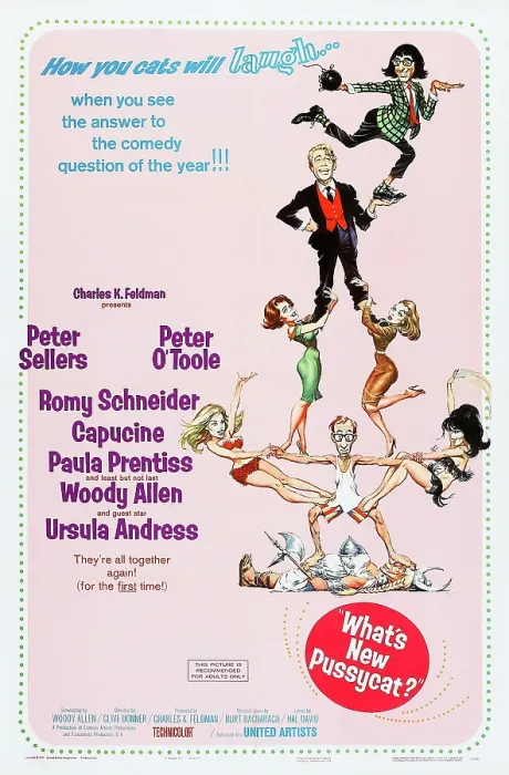 Framed Print : WHAT'S NEW PUSSYCAT?, US poster, from top: Peter Sellers, Peter O'Toole, Romy Schneider (left), Capucine, Ursula Andress (left), Woody Allen, Paula Prentiss, 1965