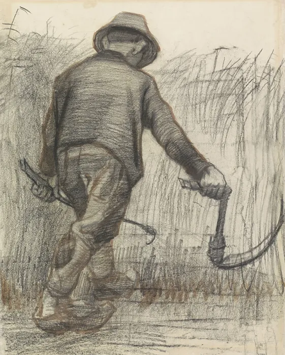 Framed Print : Wheat Mower with Hat, Seen from Behind, by Vincent van Gogh, c. 1870-90, Dutch drawing, chalk and pencil on paper. Harvester cutting ripe grain with his scythe (BSLOC_2016_2_300)