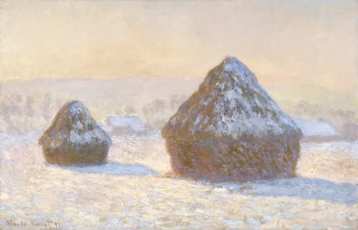Framed Print : Wheatstacks, Snow Effect, Morning, by Claude Monet, 1891, French impressionist painting, oil on canvas Framed Print : Wheatstacks, Snow Effect, Morning, by Claude Monet, 1891, French impressionist painting, oil on canvas