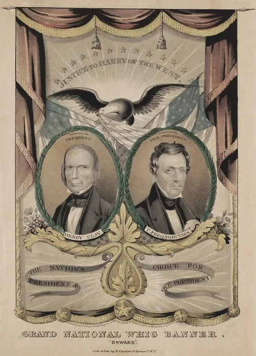 Framed Print : A Whig election banner for presidential and vice-presidential candidates Henry Clay (left) and Theodore M. Frelinghuysen (right)