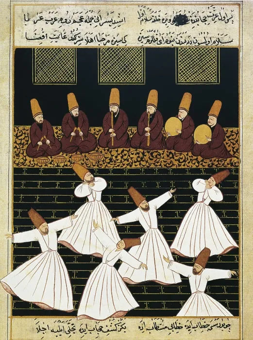 Framed Print : Whirling Dervishes (16th c.). Ottoman art. Miniature Painting. TURKEY. Istanbul. Library of Ahmed III (Topkapi Palace). AISA / Everett Collection**US SALES ONLY**