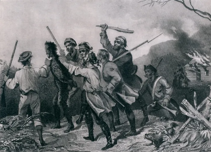 Framed Print : Whiskey Rebellion in Pennsylvania 1795. Whiskey rebels with their tarred and feathers federal tax collection. In the background is his burning home and terrorized family Framed Print : Whiskey Rebellion in Pennsylvania 1795. Whiskey rebels with their tarred and feathers federal tax collection. In the background is his burning home and terrorized family