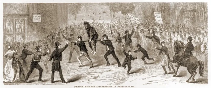 Framed Print : Whiskey Rebellion in Pennsylvania 1795. Mob with tarred-and-feathered tax collector riding on rail