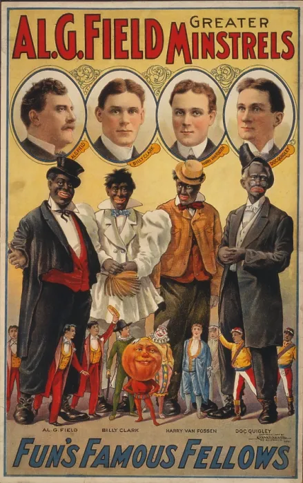 Framed Print : White actors faces appear with their blackface characters, in this 1907 minstrel show poster Framed Print : White actors faces appear with their blackface characters, in this 1907 minstrel show poster