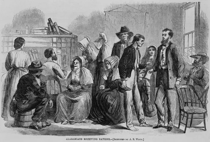 Framed Print : White Alabamians receive rations from the Freedmen's Bureau in the summer of 1866 Framed Print : White Alabamians receive rations from the Freedmen's Bureau in the summer of 1866