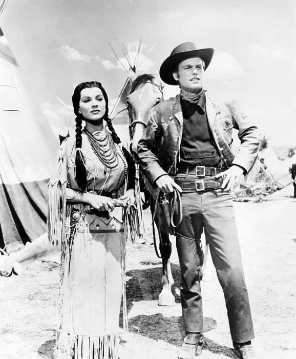 Framed Print : WHITE FEATHER, from left, Debra Paget, Robert Wagner, 1955, TM and copyright 20th Century Fox Film Corp. All rights reserved / Courtesy Everett Collection