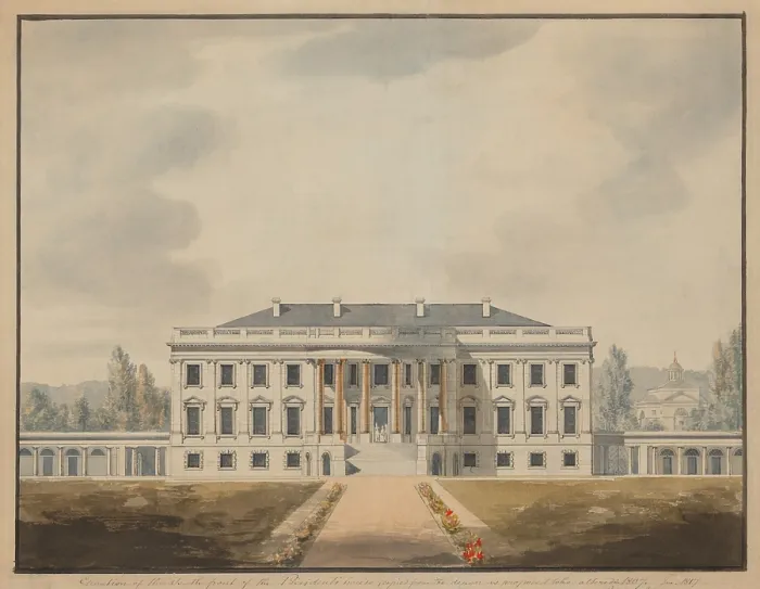 Framed Print : The White House in 1817. View of the South Portico in a proposed renovation by Benjamin Latrobe