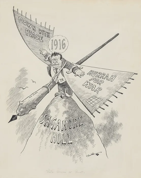 Framed Print : WHITE HOUSE OR BUST, is handwritten title of John Clubbs 1915 cartoon of Theodore Roosevelt. TR wears wings inscribed with Down with Peace and Hurrah for War