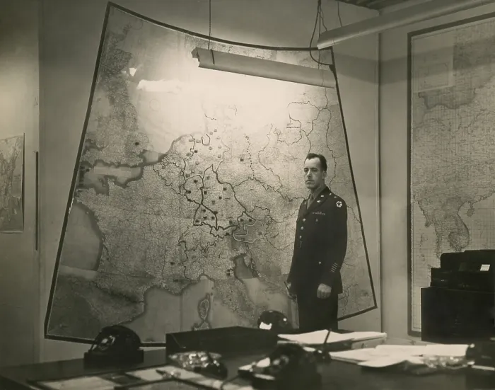 Framed Print : White House Map Room, ca. 1943. U.S. Army Signal Corps Officer Al Cornelius stands between maps of the European and Pacific War theaters. World War 2. (BSLOC_2014_8_132) Framed Print : White House Map Room, ca. 1943. U.S. Army Signal Corps Officer Al Cornelius stands between maps of the European and Pacific War theaters. World War 2. (BSLOC_2014_8_132)