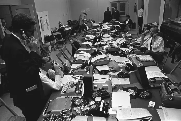 Framed Print : White House Press Room during President Lyndon Johnson's gall bladder surgery. Oct. 8, 1965