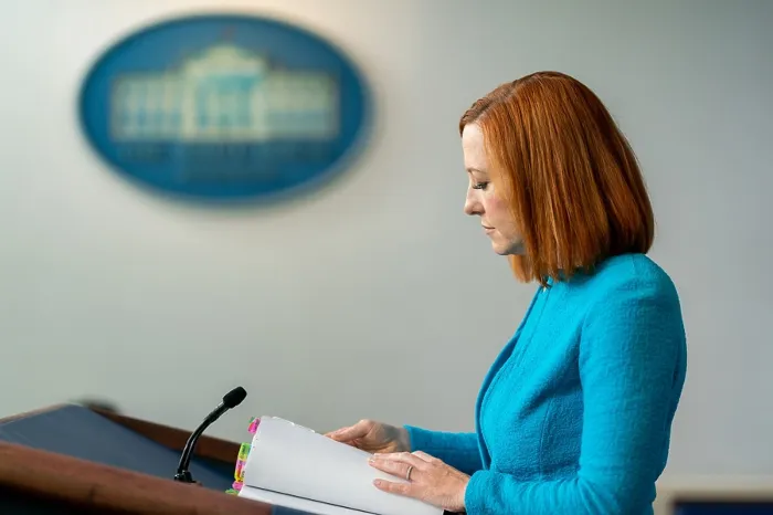 Framed Print : White House Press Secretary Jen Psaki addresses reporters, April 15, 2021. She began working in Democratic Party political communications in 2001 (BSLOC_2021_8_27)