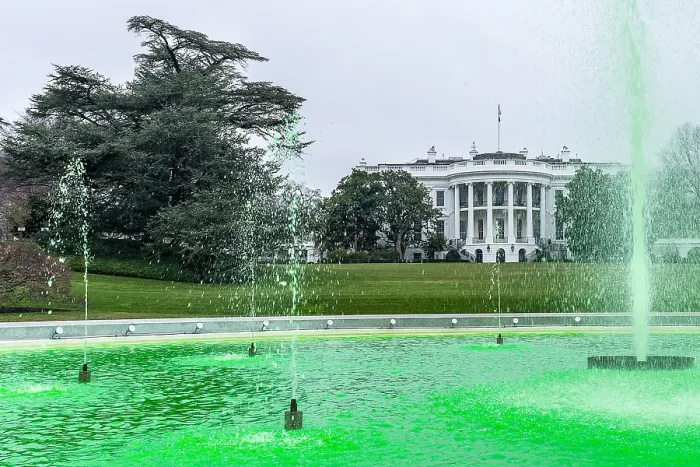 Framed Print : The White House South Lawn fountain was turned green for St. Patrick's Day, March 17, 2022. (BSLOC_2022_3_35) Framed Print : The White House South Lawn fountain was turned green for St. Patrick's Day, March 17, 2022. (BSLOC_2022_3_35)