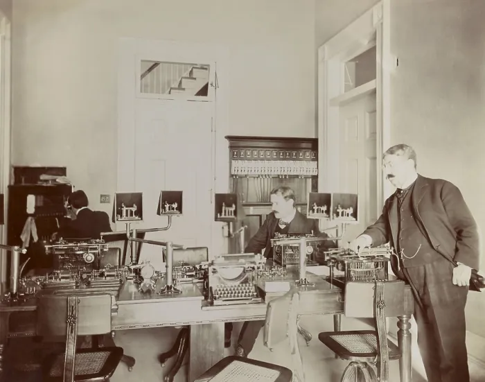 Framed Print : White House telegraph office and staff during Theodore Roosevelts administration, 1902. (BSLOC_2017_4_97)