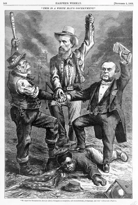 Framed Print : This is a white man's government. An Irish immigrant, a Confederate veteran, and a New York banker unite with their feet holding an African American man to the ground Framed Print : This is a white man's government. An Irish immigrant, a Confederate veteran, and a New York banker unite with their feet holding an African American man to the ground