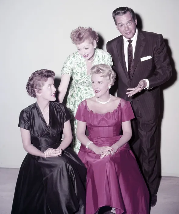 Framed Print : THOSE WHITING GIRLS, from left, front: Barbara Whiting, Margaret Whiting; from left, in back: Lucille Ball, Desi Arnaz, (Desilu producers of THOSE WHITING GIRLS), (ca)