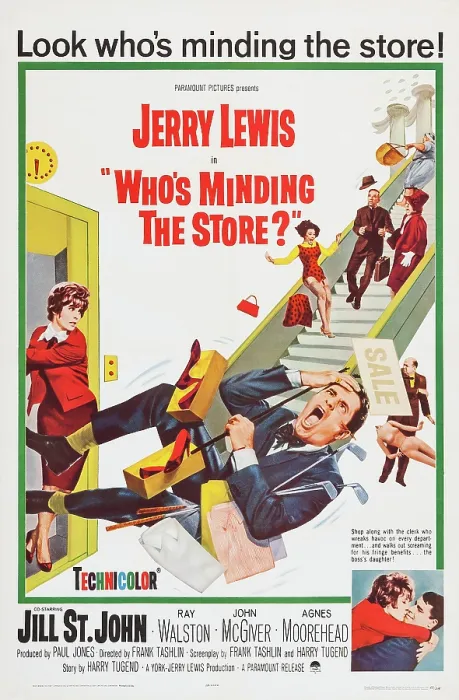 Framed Print : WHO'S MINDING THE STORE, l-r: Jill St. John, Jerry Lewis, Ray Walston, Agnes Moorehead, bottom: John McGiver, bottom inset l-r: Jill St. John, Jerry Lewis on poster art, 1963