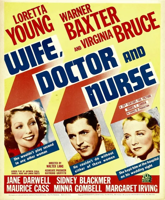 Framed Print : WIFE, DOCTOR AND NURSE, from left: Loretta Young, Warner Baxter, Virginia Bruce on window card, 1937, TM and copyright 20th Century Fox Film Corp Framed Print : WIFE, DOCTOR AND NURSE, from left: Loretta Young, Warner Baxter, Virginia Bruce on window card, 1937, TM and copyright 20th Century Fox Film Corp
