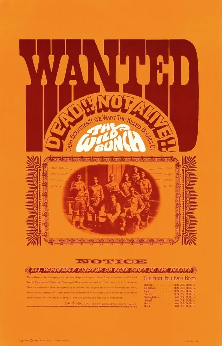 Framed Print : THE WILD BUNCH, l-r: Jaime Sanchez, Ernest Borgnine, Rayford Barnes, Ben Johnson, William Holden, Warren Oates on poster art, 1969