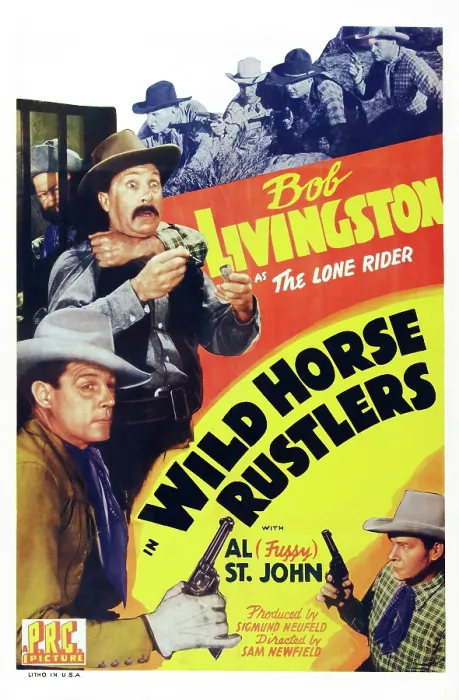 Framed Print : WILD HORSE RUSTLERS, poster art from top: Al Fuzzy St. John (partially hidden), Jimmy Aubrey, Robert Livingston, bottom right: Lane Chandler, 1943