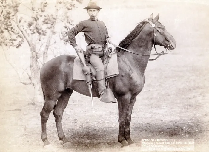 Framed Print : Wild West. The Cavalier. The young soldier and his horse on duty at camp, Cheyenne. photo by John C. Grabill, 1890