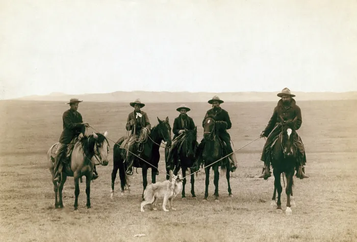 Framed Print : Wild West. 'Roping gray wolf, ' Cowboys take in a gray wolf on 'Round up, ' in Wyoming, photo by John C. Grabill, 1887