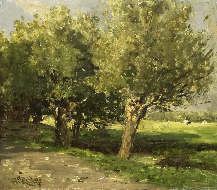 Framed Print : Wilgebome (Willow Trees), by Willem Roelofs 1st, 1875-85, Dutch painting, oil on panel. Willow trees growing on the edge of a meadow near a ditch of water. (BSLOC_2016_1_144)