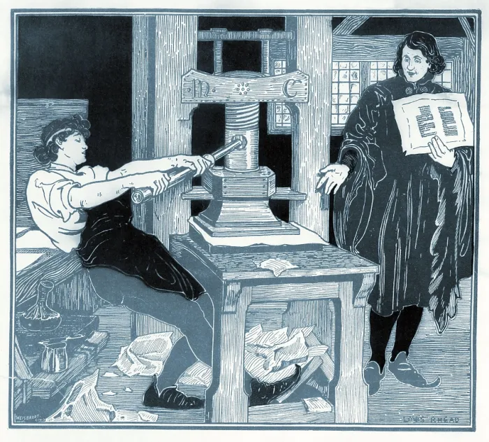 Framed Print : William Caxton (1422-1491), English translator and publisher, printed the first book in the English language, THE RECUYELL OF THE HISTORYES OF TROYE, 1475 Framed Print : William Caxton (1422-1491), English translator and publisher, printed the first book in the English language, THE RECUYELL OF THE HISTORYES OF TROYE, 1475
