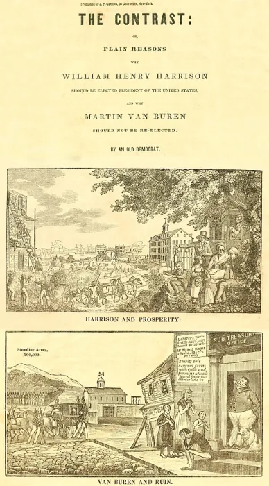 Framed Print : William Harrison 1840 campaign against incumbent President Martin Van Buren. Using the Recession of 1837 against Van Buren they promise prosperity under a Harrison presidency