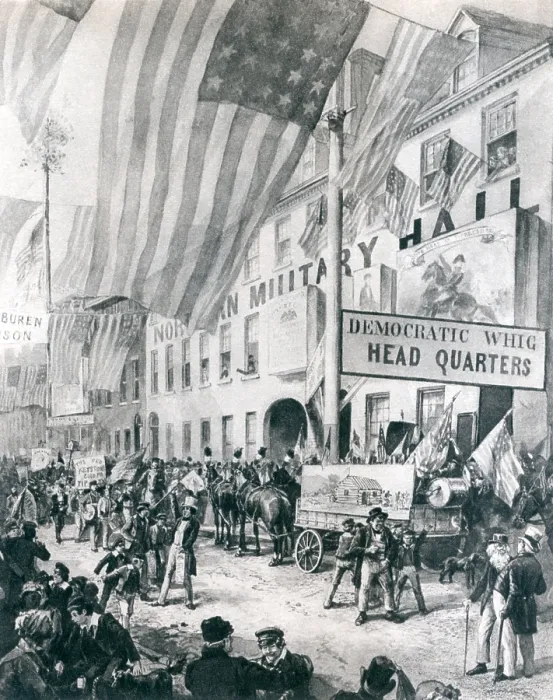Framed Print : William Harrison campaign headquarters in Philadelphia. There is a Tippecanoe and Tyler Too parade and a sign reading Democratic Whig headquarters. 1840 Framed Print : William Harrison campaign headquarters in Philadelphia. There is a Tippecanoe and Tyler Too parade and a sign reading Democratic Whig headquarters. 1840
