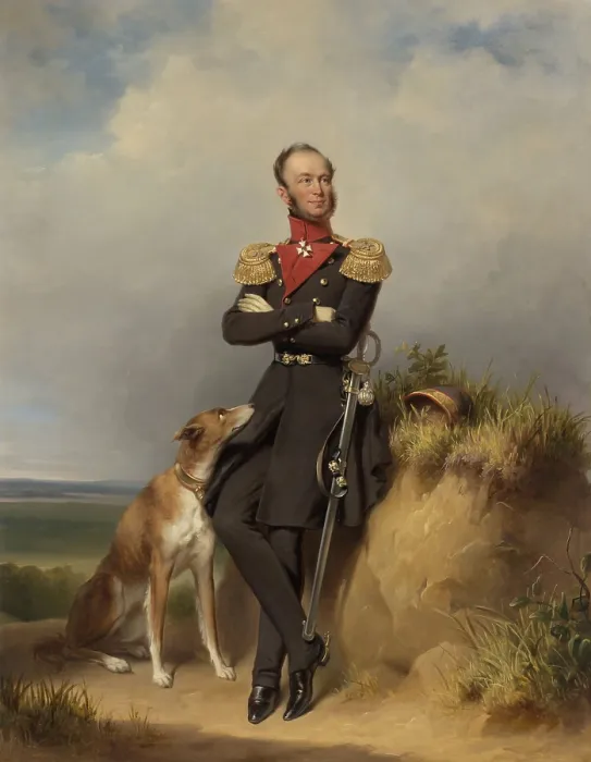 Framed Print : William II, King of the Netherlands, by Jan Adam Kruseman, 1839, Dutch painting, oil on canvas. Wearing a military uniform, he is with his dog on sand dunes (BSLOC_2016_2_261)