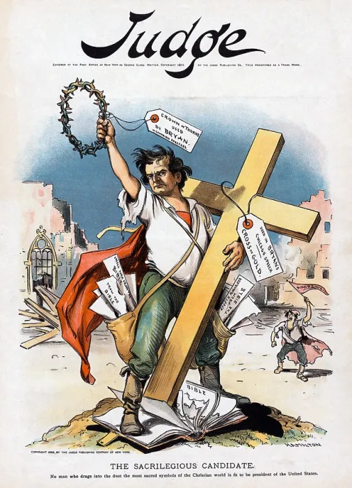 Framed Print : William Jennings Bryan and the Cross of Gold. The sacrilegious candidate, color lithograph magazine cover, September 1896 Framed Print : William Jennings Bryan and the Cross of Gold. The sacrilegious candidate, color lithograph magazine cover, September 1896