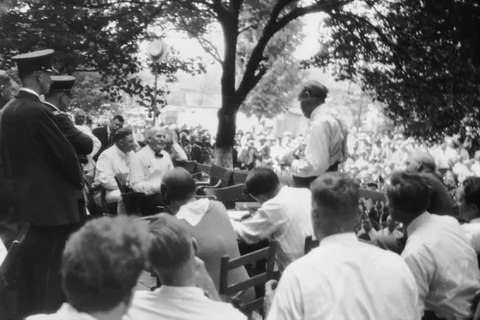 Framed Print : William Jennings Bryan (seated) interrogated by Clarence Darrow (standing right) Framed Print : William Jennings Bryan (seated) interrogated by Clarence Darrow (standing right)