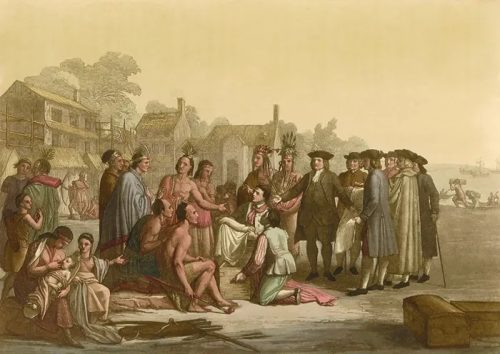 Framed Print : WILLIAM PENN'S TREATY WITH THE INDIANS, by Giuseppe Erba Odescalchi, hand colored print adapted from Benjamin West's 1772 painting