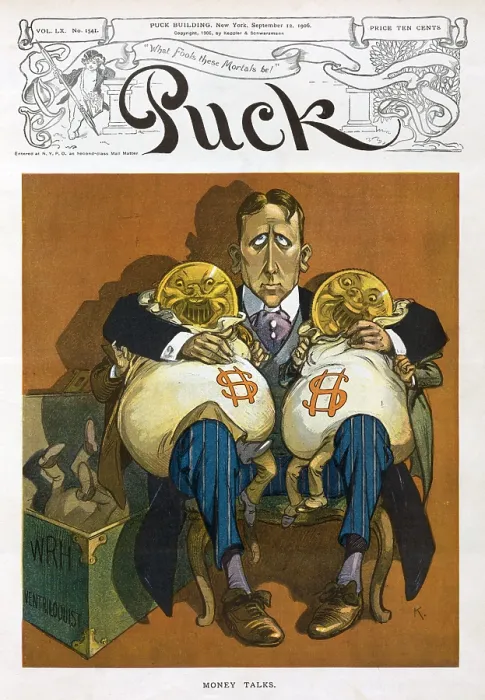 Framed Print : William Randolph Hearst, caricature with two bags of money as ventriliquist's dummies. 1906