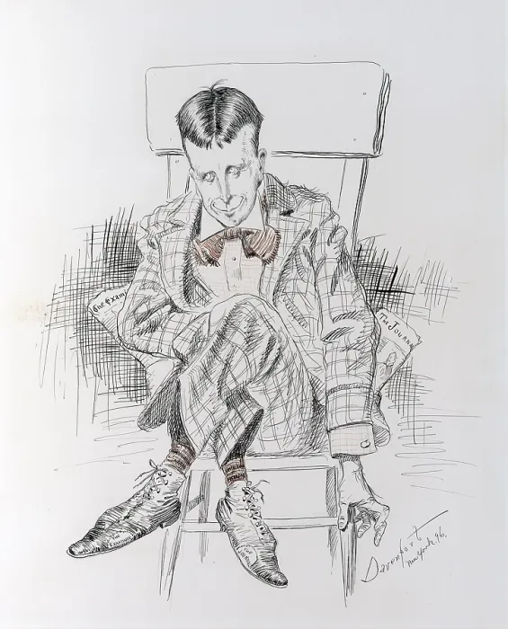 Framed Print : William Randolph Hearst, seated with legs crossed, left shoe labeled 'The Examiner' and right shoe labeled 'The Journal'