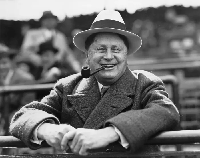 Framed Print : William Wrigley, (1861-1932), president of chewing gum company, watching a game between his Chicago Cubs and the St. Louis Cardinals, in Chicago, Illinois. Ca. 1925