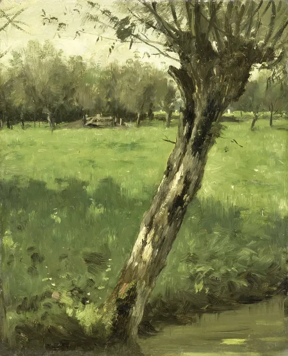 Framed Print : The Willow, by Geo Poggenbeek, c. 1873-1903, Dutch oil painting. Tilted pollard willow next to a drainage ditch at the edge of a meadow. (BSLOC_2016_1_138)