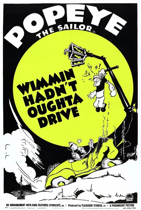 Framed Print : WIMMIN HADN'T OUGHTA DRIVE, l-r: Olive Oyl, Popeye on poster art, 1940 Framed Print : WIMMIN HADN'T OUGHTA DRIVE, l-r: Olive Oyl, Popeye on poster art, 1940
