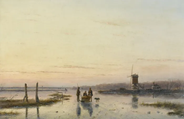 Framed Print : Windmill Beside a Frozen river, by Andreas Schelfhout, 1860-62, Dutch painting, oil on panel. Winter scene on a polder landscape in the low lying land in Netherlands