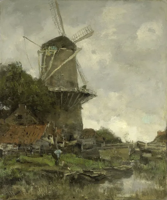 Framed Print : The Windmill, by Jacob Maris, c. 1880-86, Dutch painting, oil on canvas. Windmill behind some houses and trees in a canal. A man bends over near a barge (BSLOC_2016_2_29) Framed Print : The Windmill, by Jacob Maris, c. 1880-86, Dutch painting, oil on canvas. Windmill behind some houses and trees in a canal. A man bends over near a barge (BSLOC_2016_2_29)